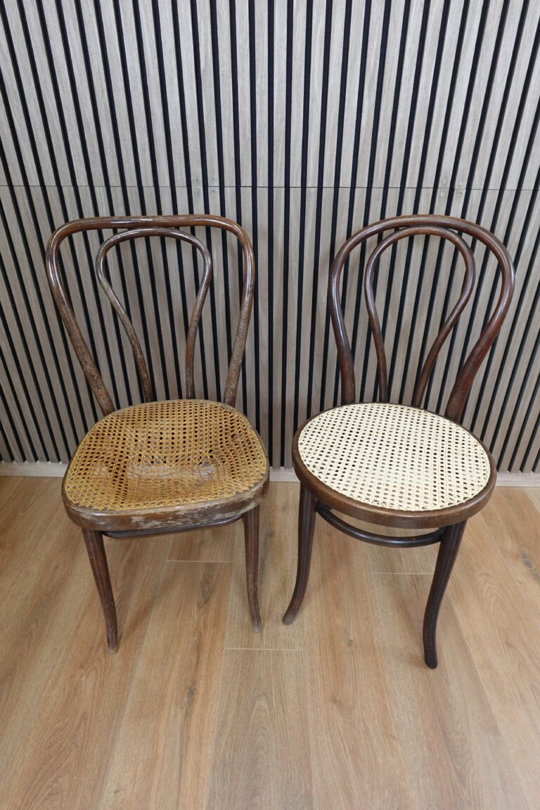 Sedie Thonet in paglia di Vienna: confronto tra paglia rovinata e paglia appena restaurata